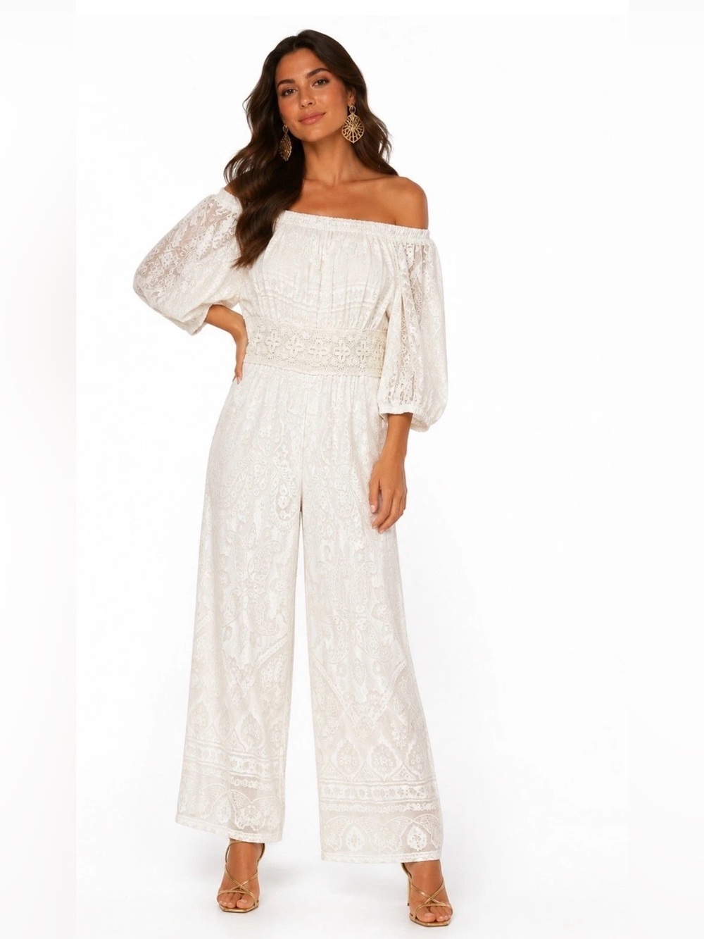 Farm Rio for Anthropologie White Off-Shoulder Lace Jumpsuit sz.XS